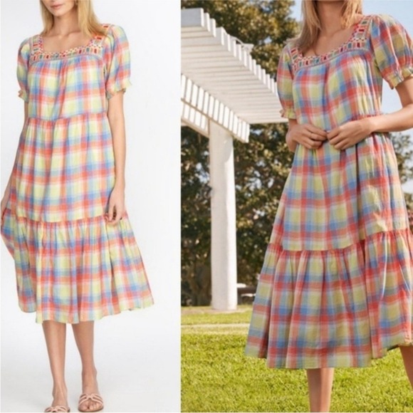 Johnny Was Dress Womens Size Medium Delacey Plaid Square Neck‎ Prairie Folk - Picture 1 of 9
